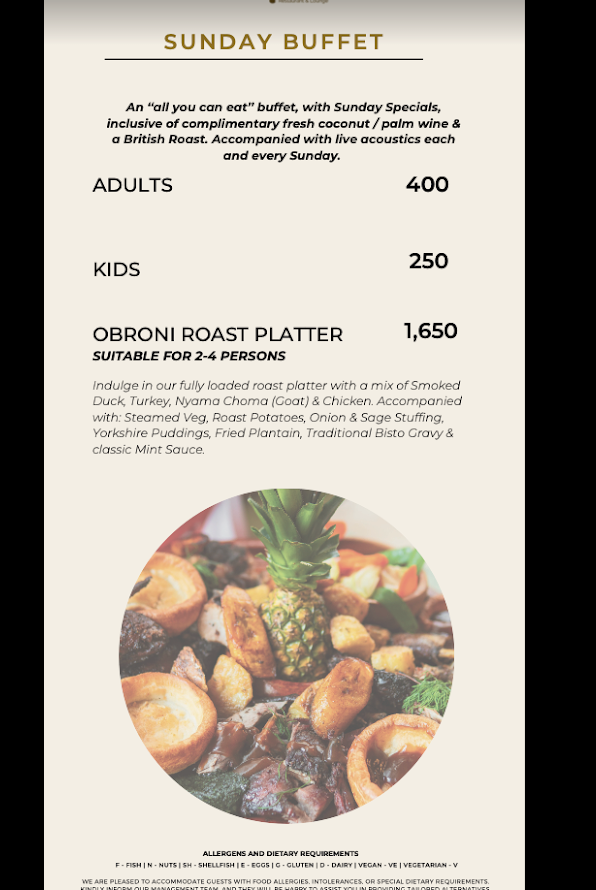 Seafood and platters menu